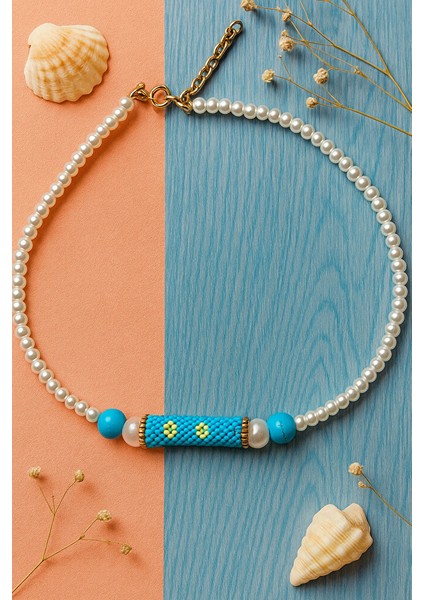 El Yapımı Inci Detaylı Turkuaz Miyuki Çiçek Kolye fırsatları