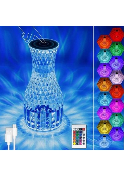 Sürahi Model USB Şarjlı Kumandalı 16 Farklı Işık Modlu Masa Üstü Kristal Akrilik Lamba LED (4887)