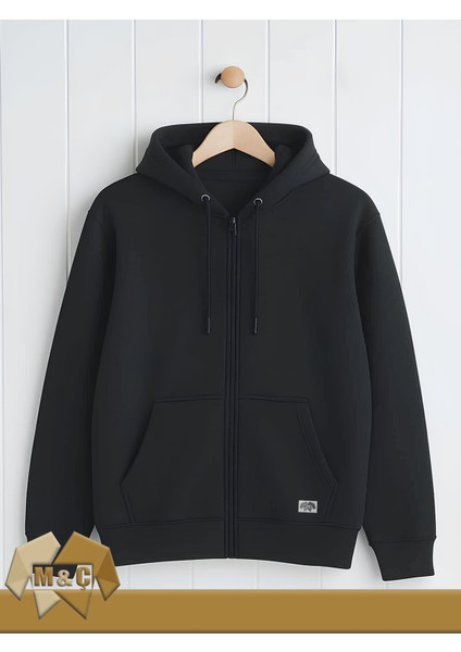 Şardonlu 3 Iplik Kapşonlu Fermuarlı Sweatshirt Battal Beden Kalın Pamuklu Düz Ceket