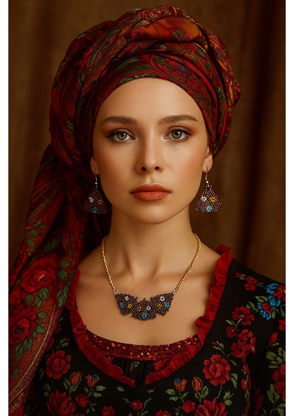 Üçgen Motifli Boncuk Kolye ve Küpe Takımı – Çiçek Detaylı, Kararmaz modelleri