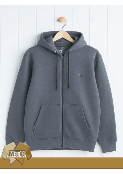 Şardonlu 3 Iplik Kapşonlu Fermuarlı Sweatshirt Battal Beden Kalın Pamuklu Düz Ceket