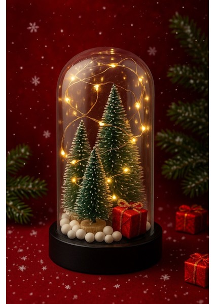 Yeni Yıl Ruhunu Yansıtan LED Işıklı 3 Lü Yılbaşı Kar Efektli Çam Ağacı Hediye Paketi Temalı Fanus