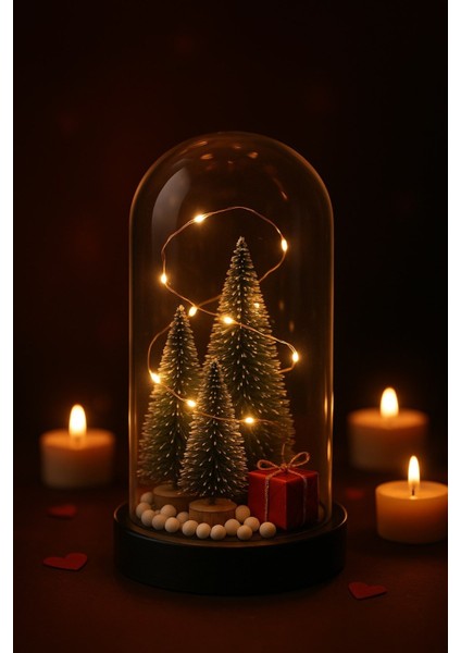 Yeni Yıl Ruhunu Yansıtan LED Işıklı 3 Lü Yılbaşı Kar Efektli Çam Ağacı Hediye Paketi Temalı Fanus modelleri