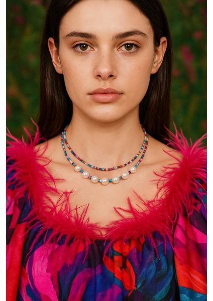 Boho Tarz Renkli Boncuklu Çift Sıralı Inci Detaylı Kolye – El Yapımı Ayarlanabilir modelleri