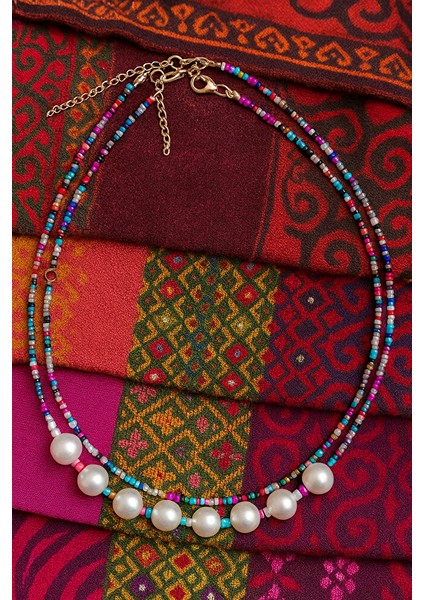 Boho Tarz Renkli Boncuklu Çift Sıralı Inci Detaylı Kolye – El Yapımı Ayarlanabilir fırsatları