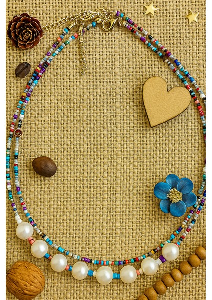 Boho Tarz Renkli Boncuklu Çift Sıralı Inci Detaylı Kolye – El Yapımı Ayarlanabilir indirimleri