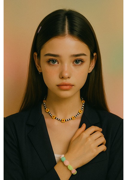 Sarı Çiçek Detaylı Siyah Beyaz Boncuklu El Yapımı Kolye fiyatları