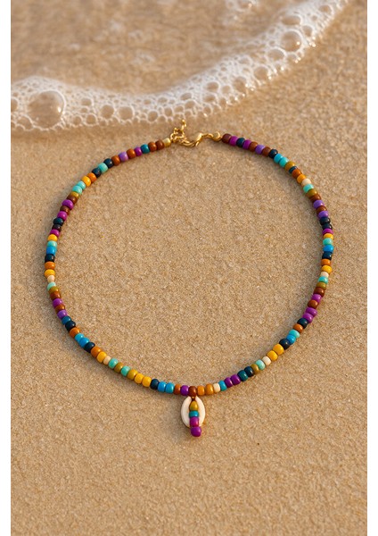 Renkli Boncuklu Deniz Kabuklu El Yapımı Bohem Kolye