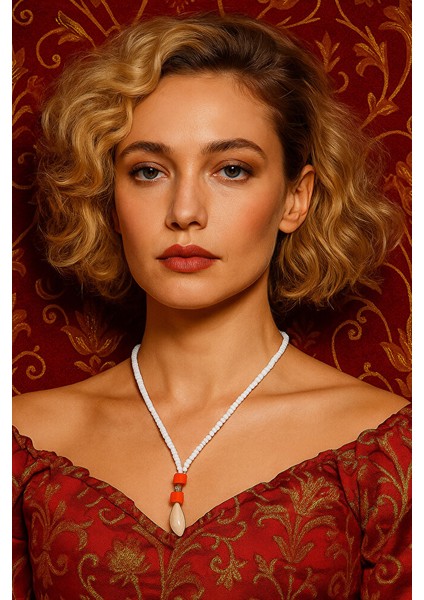 Inci Uçlu Turuncu Detaylı Beyaz Kum Boncuk Kolye - El Yapımı Ayarlanabilir