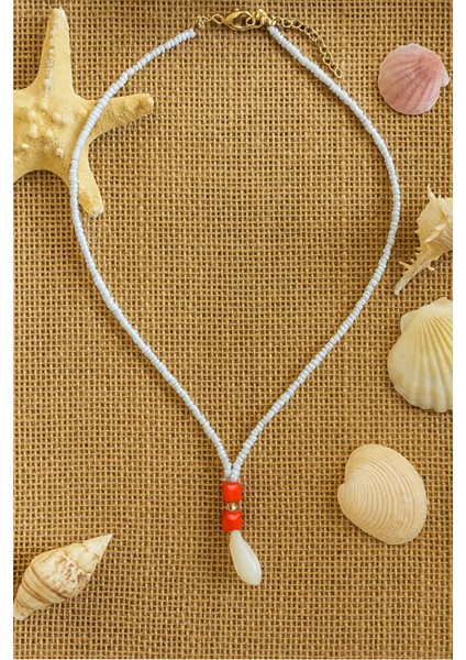 Inci Uçlu Turuncu Detaylı Beyaz Kum Boncuk Kolye - El Yapımı Ayarlanabilir fırsatları