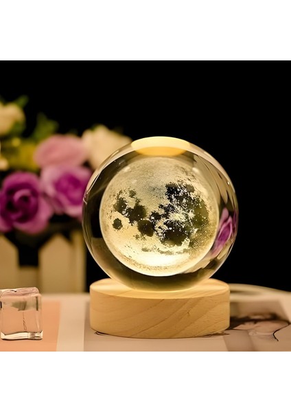 Kişiye Özel Büyük Boy 3D Ay Tasarımlı LED Işıklı Kristal Küre Gece Lambası