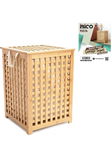 Ahşap Bambu Kirli Çamaşır Sepet Kumaş Çantalı SEPET=45X45X62CM (4887)