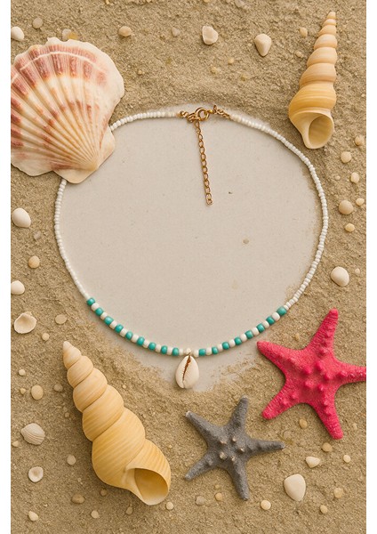 Doğal Deniz Kabuğu Detaylı El Yapımı Boncuklu Choker Kolye – Turkuaz & Beyaz fiyatları