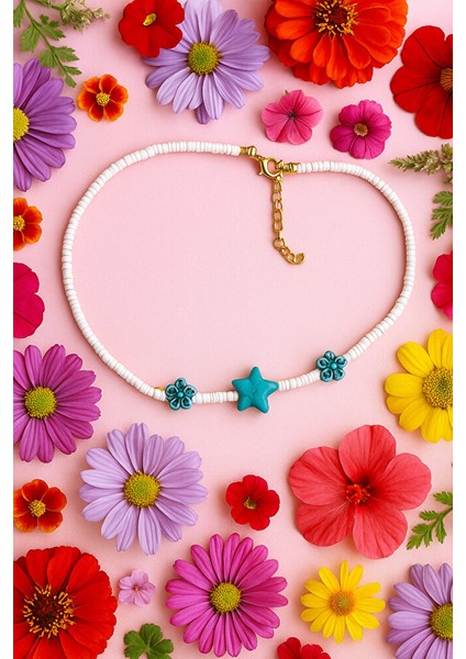 El Yapımı Beyaz Boncuklu Turkuaz Yıldız ve Çiçek Detaylı Kolye fiyatları