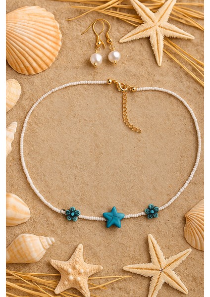 El Yapımı Beyaz Boncuklu Turkuaz Yıldız ve Çiçek Detaylı Kolye indirimleri