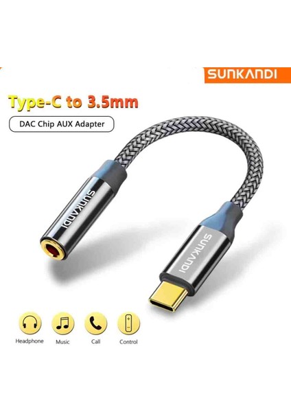 Type-C To 3.5mm Jack Aux Kulaklık Çevirici Dönüştürücü Hi-Fi Ses+Dac Çip Teknoloji Ce Lisanslı Sertifikalı Hasır Örgülü Sağlam Kablo