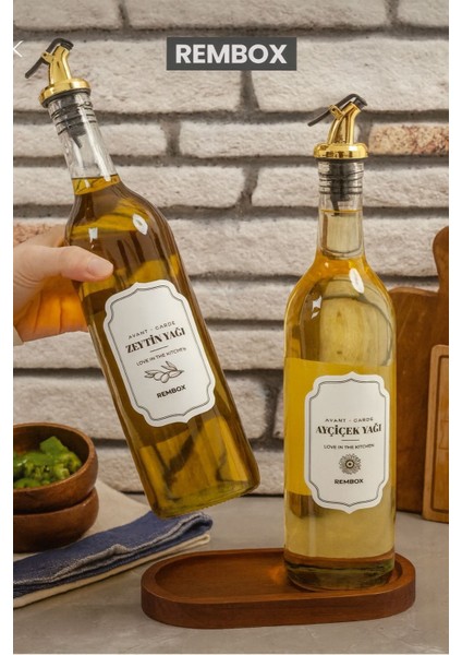 Ahşap Standlı Koyu Renk 2'li Yağ ve Sirke Şişesi Gold Kapaklı 750 ml Yağdanlık Zeytinyağ Sıvıyağ Şişesi fiyatları