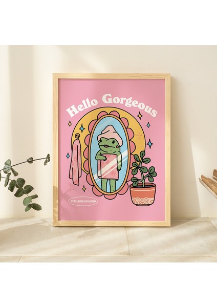 Kız Kurbağası Öz Sevgi Duvar Baskısı, Pozitiflik Merhaba Güzellik Sözü, Pembe Retro Posterler