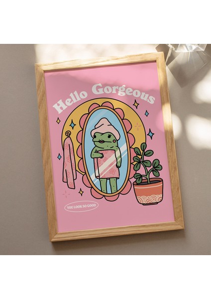 Kız Kurbağası Öz Sevgi Duvar Baskısı, Pozitiflik Merhaba Güzellik Sözü, Pembe Retro Posterler modelleri