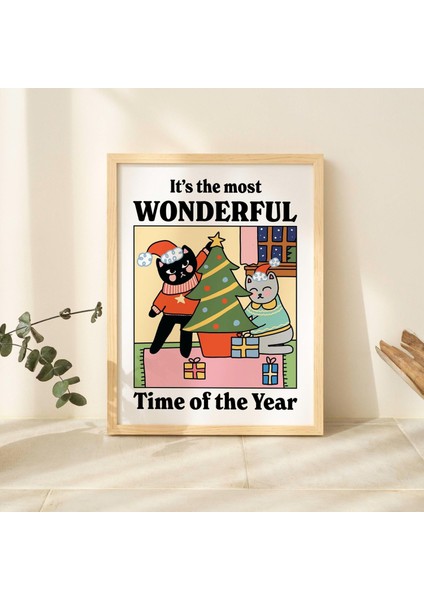 Harika Zaman Noel Kedi Baskısı, Noel Ağacı Baskıları, Şenlikli Süslemeler, Renkli Noel Dekoru