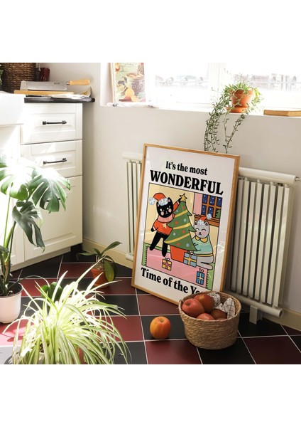 Harika Zaman Noel Kedi Baskısı, Noel Ağacı Baskıları, Şenlikli Süslemeler, Renkli Noel Dekoru fiyatları