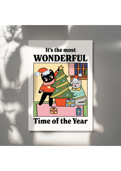 Harika Zaman Noel Kedi Baskısı, Noel Ağacı Baskıları, Şenlikli Süslemeler, Renkli Noel Dekoru indirimleri