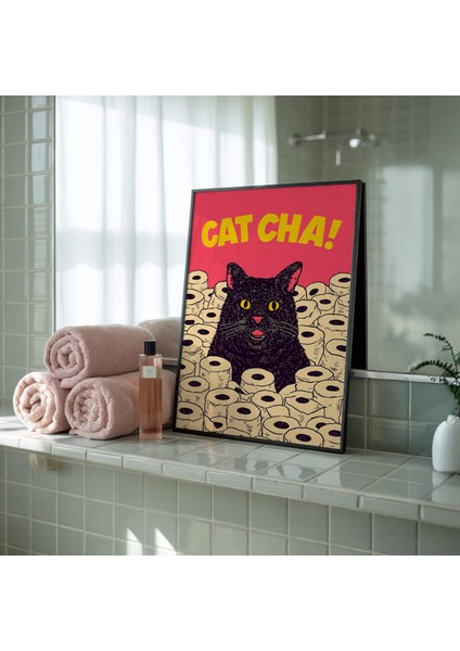Komik Kedi Banyo Duvar Sanatı, Tuvalet Kağıdıyla Retro Pop Art Siyah Kedi Posteri