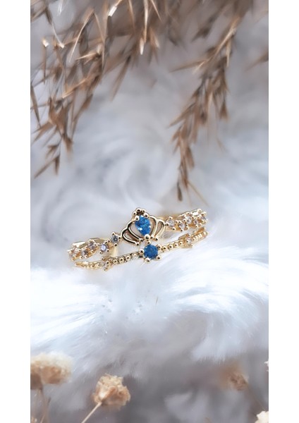 Mavi Zirkon Taşlı Küçük Taç Figürlü Çelik Kaplama Yüzük modelleri