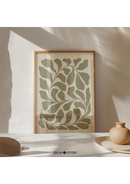 Soyut Botanik Yaprak Sanatı, Adaçayı Yeşili ve Bej Akdeniz Sanatı