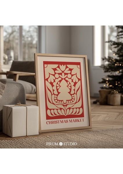 Kırmızı Noel Pazarı Duvar Sanatı, Maksimalist Tatil Ağacı Posteri