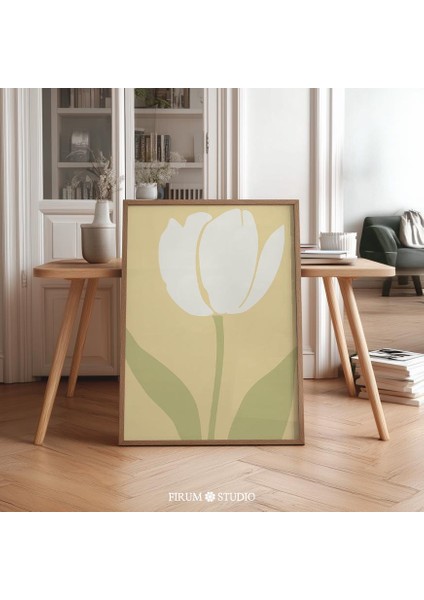 Soyut Lale Duvar Sanatı, Soluk Sarı ve Yeşil Renklerde Minimalist Çiçek Sanatı, Bohem Ev Dekorasyonu