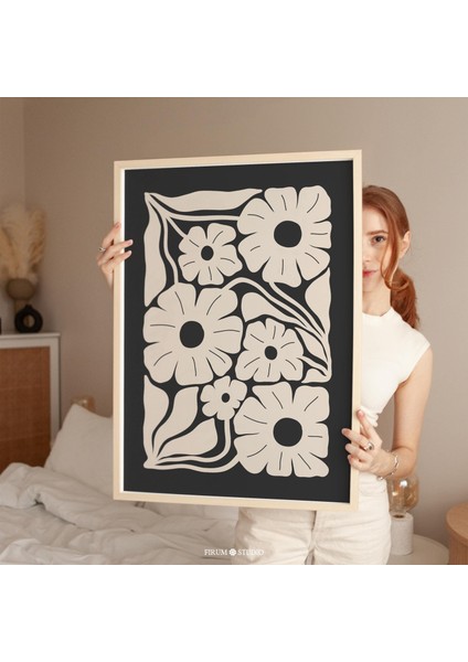 Kasvetli Estetik Çiçekli Duvar Dekoru - Orta Yüzyıl Modern Dekorasyonu Için Bej ve Siyah Koyu Çiçek Desenleri |