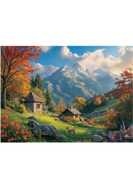 Retro Dağ Çiçek ve Kulube Manzaralı 120 , 255 , 500 , 1000 Parça Ahşap (Mdf) Puzzle Yapboz
