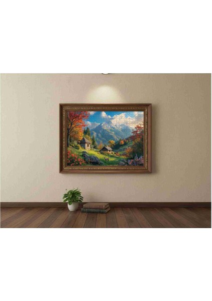 Retro Dağ Çiçek ve Kulube Manzaralı 120 , 255 , 500 , 1000 Parça Ahşap (Mdf) Puzzle Yapboz fiyatları