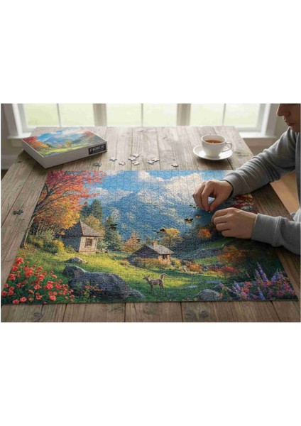 Retro Dağ Çiçek ve Kulube Manzaralı 120 , 255 , 500 , 1000 Parça Ahşap (Mdf) Puzzle Yapboz modelleri