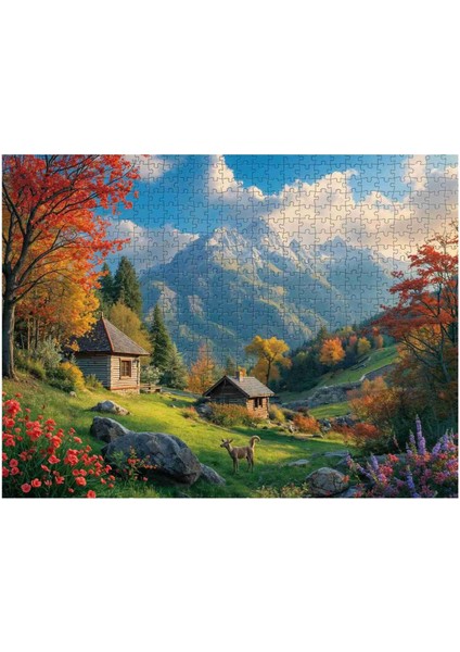 Retro Dağ Çiçek ve Kulube Manzaralı 120 , 255 , 500 , 1000 Parça Ahşap (Mdf) Puzzle Yapboz fırsatları