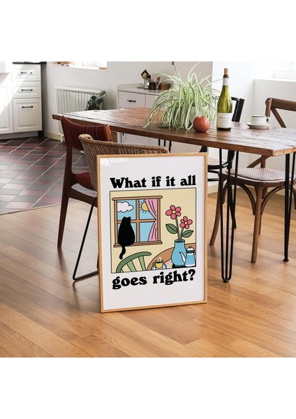 Çerçeveli Renkli Kedi Baskısı, Ya Her Şey Yolunda Giderse, Retro Kedi Posteri, Bistro Kahve Posterleri modelleri