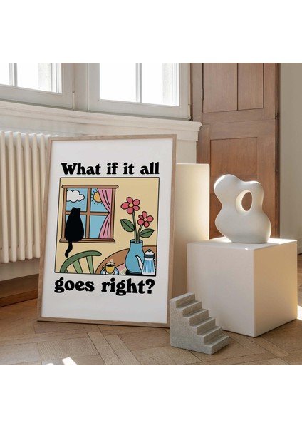 Çerçeveli Renkli Kedi Baskısı, Ya Her Şey Yolunda Giderse, Retro Kedi Posteri, Bistro Kahve Posterleri fırsatları