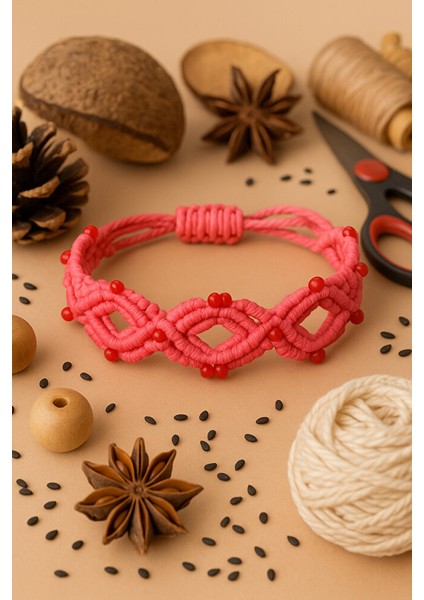 El Yapımı Pembe Boncuk Detay Makrome Bileklik – Ayarlanabilir Örgü Tasarım indirimleri