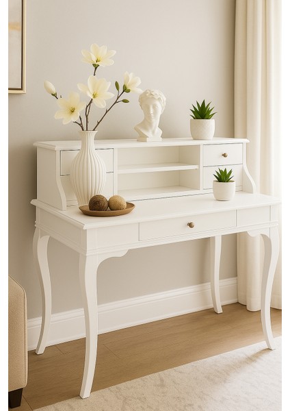 110 cm 5 Çekmeceli Masif Beyaz Raflı Çalışma Masası modelleri