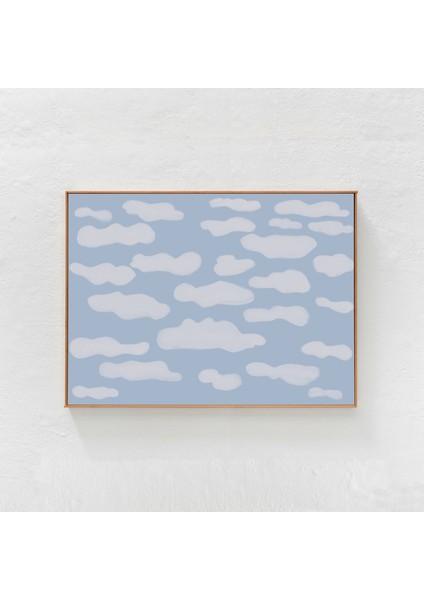 Mavi Gökyüzünde Bulutlar Resmi. Soyut Açık Mavi Pastel Yatay Duvar Sanatı Iskandinav Boho Dekoru A1