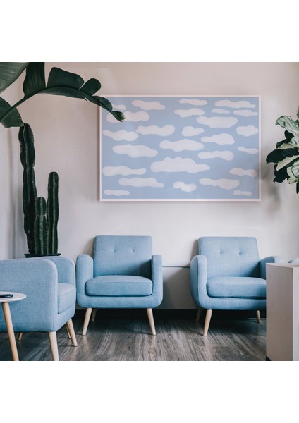 Mavi Gökyüzünde Bulutlar Resmi. Soyut Açık Mavi Pastel Yatay Duvar Sanatı Iskandinav Boho Dekoru A1 modelleri