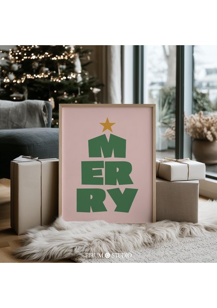 Mutlu Noeller Tipografi Duvar Sanatı, Pembe ve Yeşil Retro Tatil Posteri