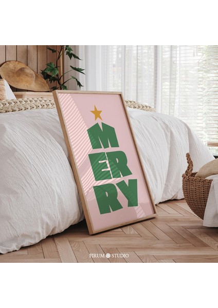 Mutlu Noeller Tipografi Duvar Sanatı, Pembe ve Yeşil Retro Tatil Posteri fiyatları