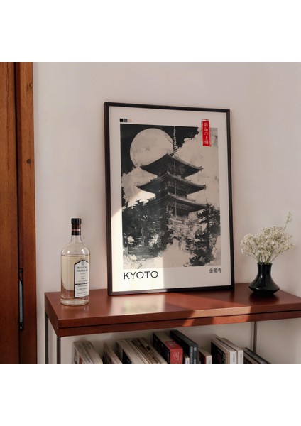 Siyah Beyaz Kyoto Tapınağı Posteri, Japon Estetiği, Japon Duvar Sanatı, Japandi Duvar Sanatı modelleri