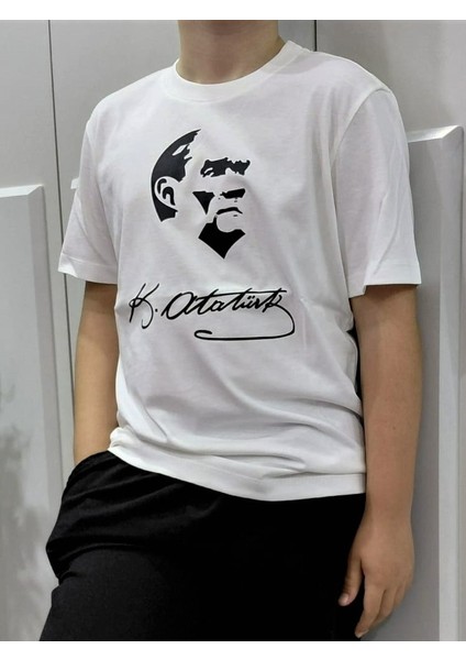 Yüksek Kalite Pamuklu Kısa Kollu Atatürk Baskılı Unisex Çocuk Tişörtü