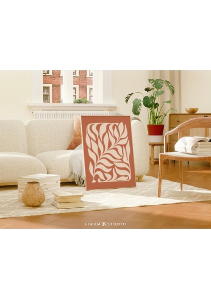 Terracotta Soyut Bohem Yaprak Sanatı | 0997 | Toprak Tonlarında Bohem Duvar Dekoru, Soyut Botanik Duvar Sanatı