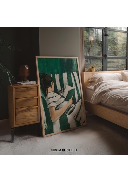 Zümrüt Yeşili Okuyan Kadın Sanatı, Kitap Sever Kedi