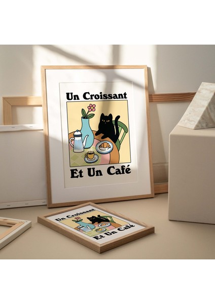 Fransız Cafe Kruvasan Kedi Baskı, Retro Içecek Posteri, Bistro Kahve Posterleri, Un Cafe Sil Vous Plait modelleri