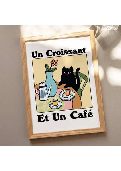 Fransız Cafe Kruvasan Kedi Baskı, Retro Içecek Posteri, Bistro Kahve Posterleri, Un Cafe Sil Vous Plait fırsatları